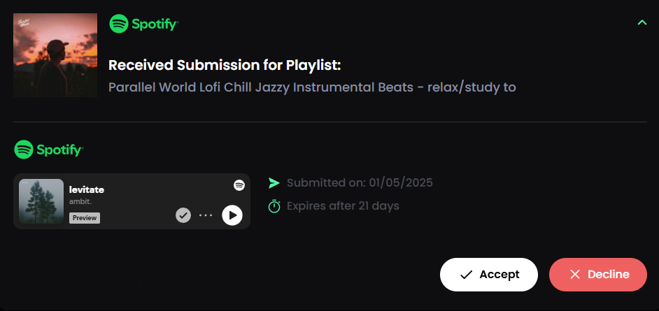 Curator view of a Spotify Playlist Placement submission on Pitchplaylists with accept/decline options