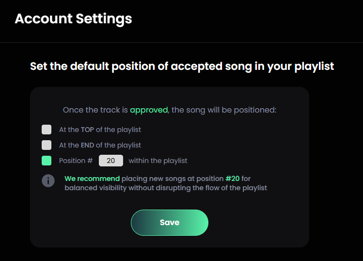 Pitchplaylists feature to choose top, end, or custom song position