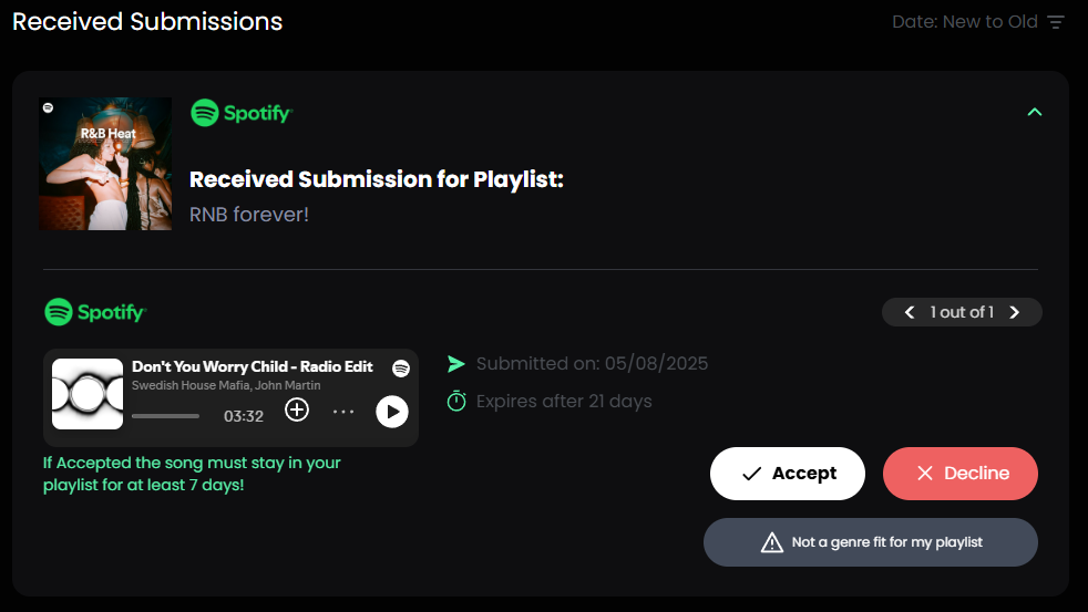 New button labeled "Not a genre fit for my playlist" on curator profile dashboard Spotify playlist submission free