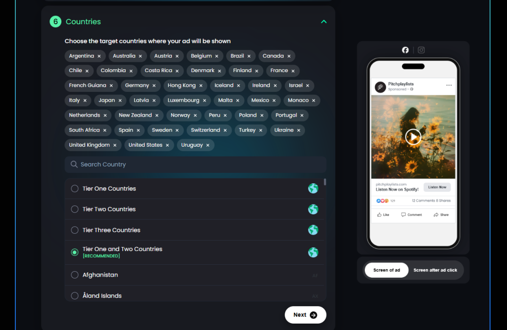 Meta ads builder tool campaign set up dashboard - music promotion services